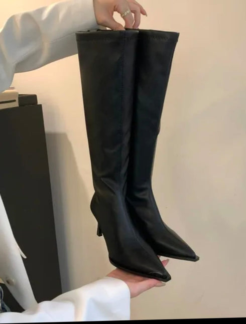 Winter pointed-Toe Leather Stiletto Heel Boots